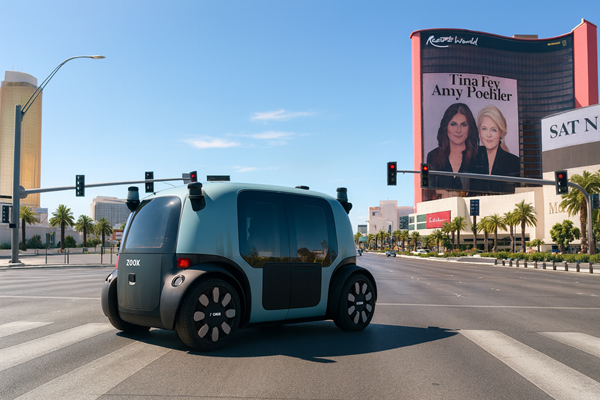 A driverless Zoox vehicle waits at a Las Vegas intersection with resort billboards and palm trees in the background.