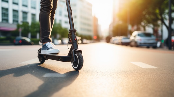 A person riding an electric scooter on a city street.