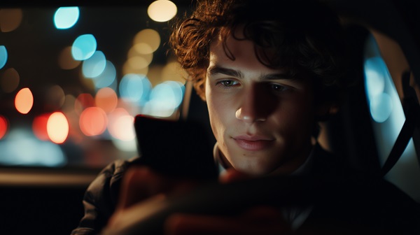 A driver looking at a smartphone at night with city lights blurred in the background, illustrating a dangerous behavior regulated by Las Vegas distracted driving laws.