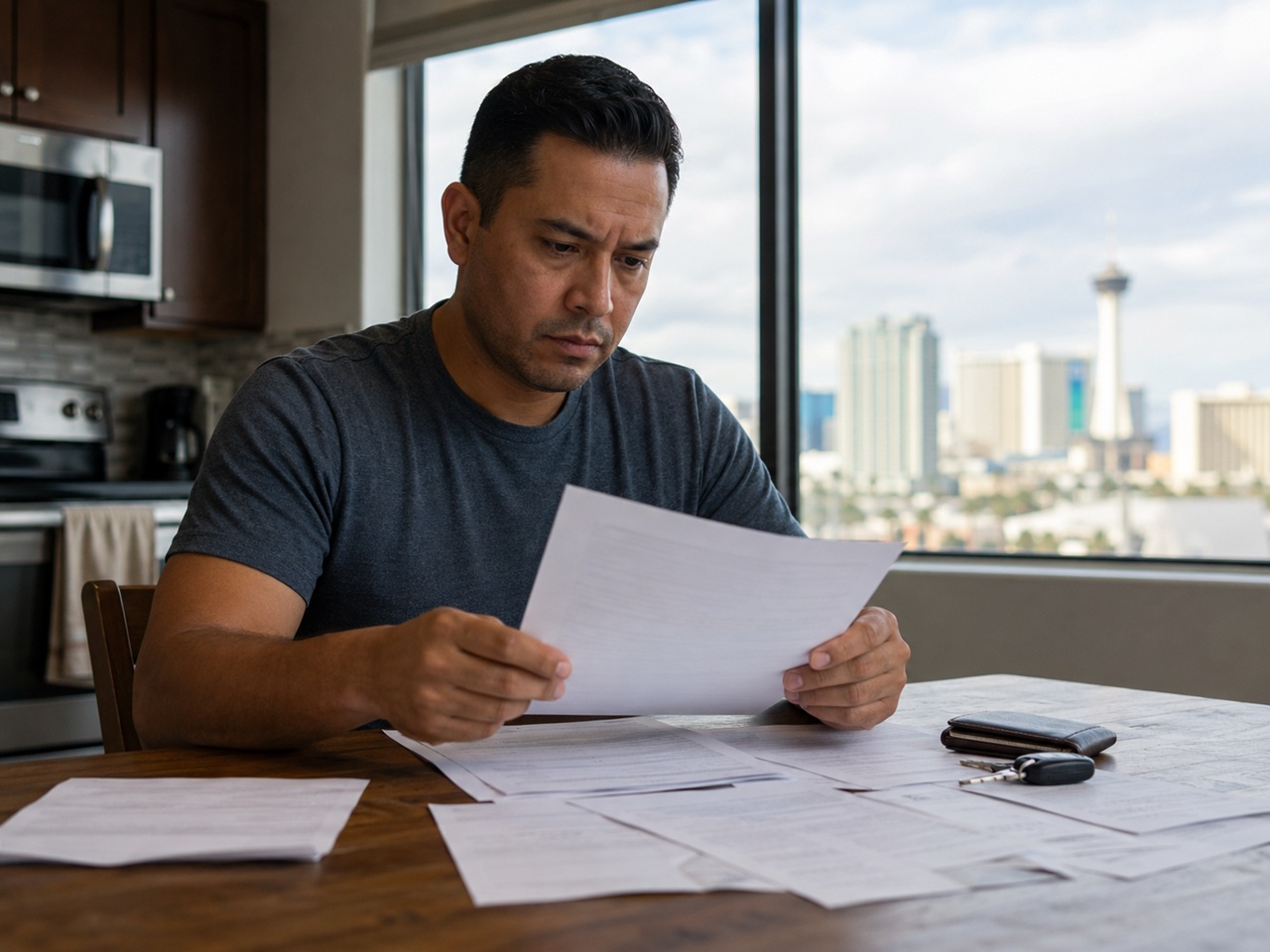 A Las Vegas man sits at a wooden kitchen table reviewing a set of open car insurance documents spread out before him, looking closely at the paper in his hands, with a wallet and car keys nearby and a large window in the background displaying the Las Vegas skyline and Stratosphere Tower.