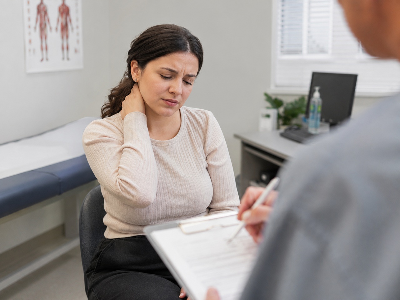 A young woman holds her neck in pain during a medical appointment while a doctor takes notes on a clipboard, depicting a Las Vegas car accident victim seeking treatment for whiplash and soft tissue injuries.
