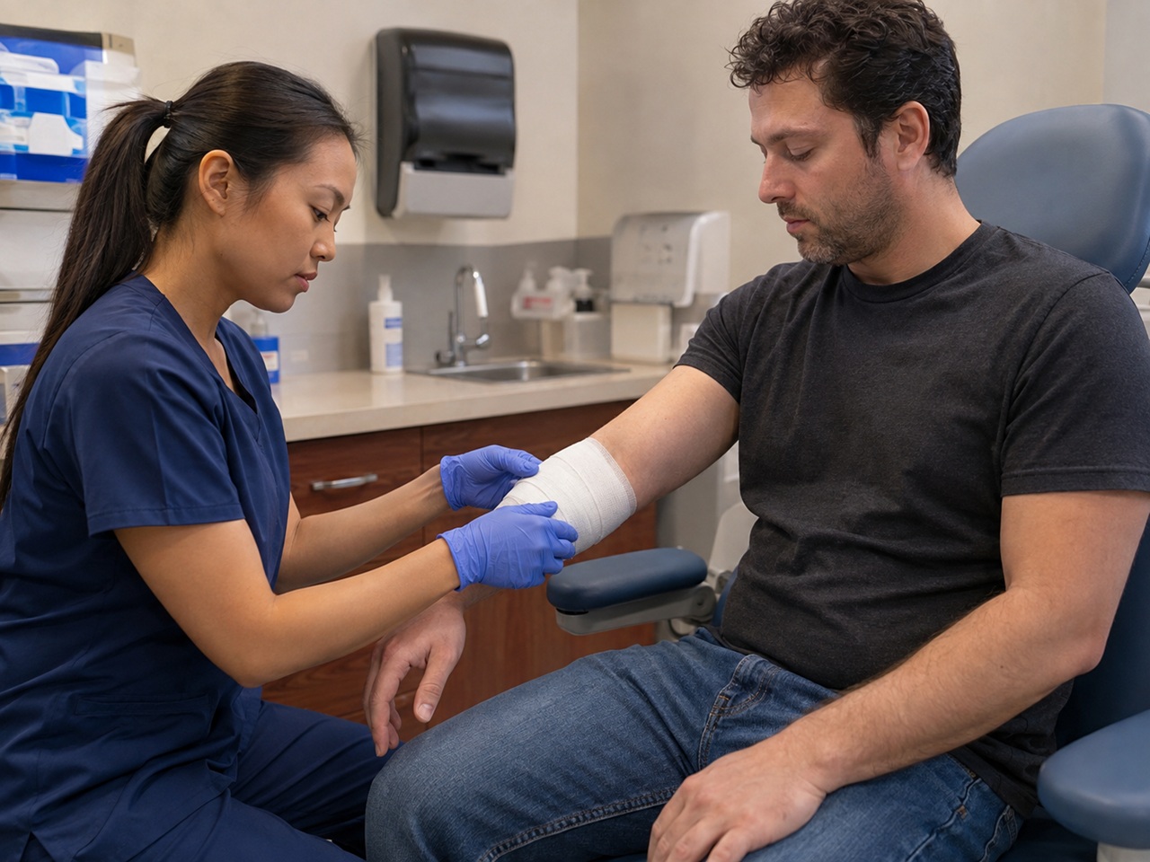 A medical provider bandaging a man's forearm wound in a Nevada clinic, illustrating the medical bills that arise after a dog bite injury and the question of who is responsible for paying them.
